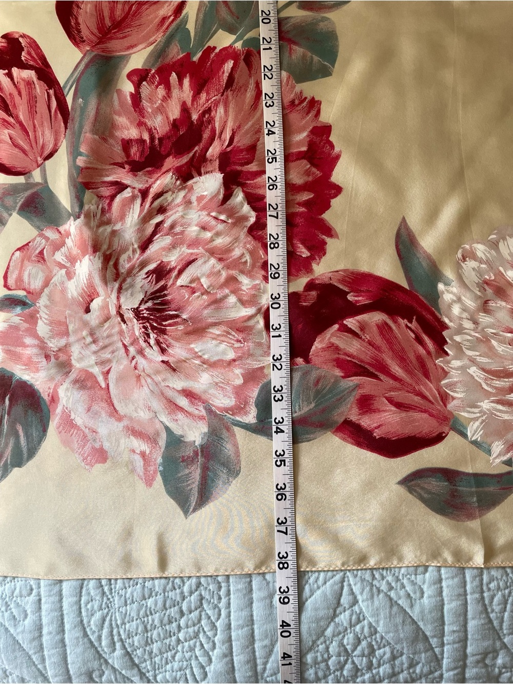 100% Silk Square Scarf Floral Peony & Tulip Red & Pink on Cream Background - Picture 4 of 6
